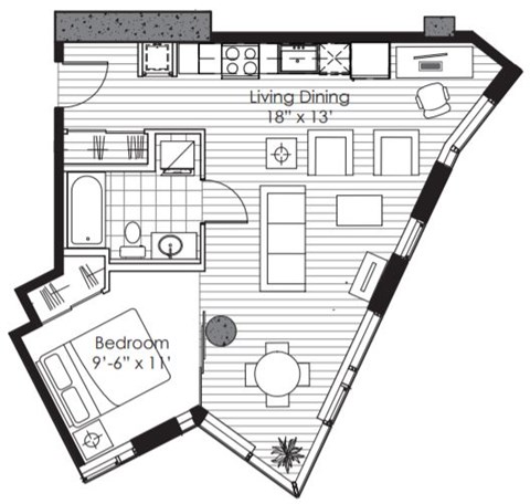 Floor plan for 1 bed, 1 bath, 667 sqft